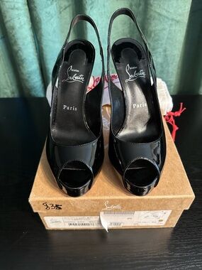 Christian Louboutin Hot Chick Black Patent Leather Peep-Toe Slingback Pumps